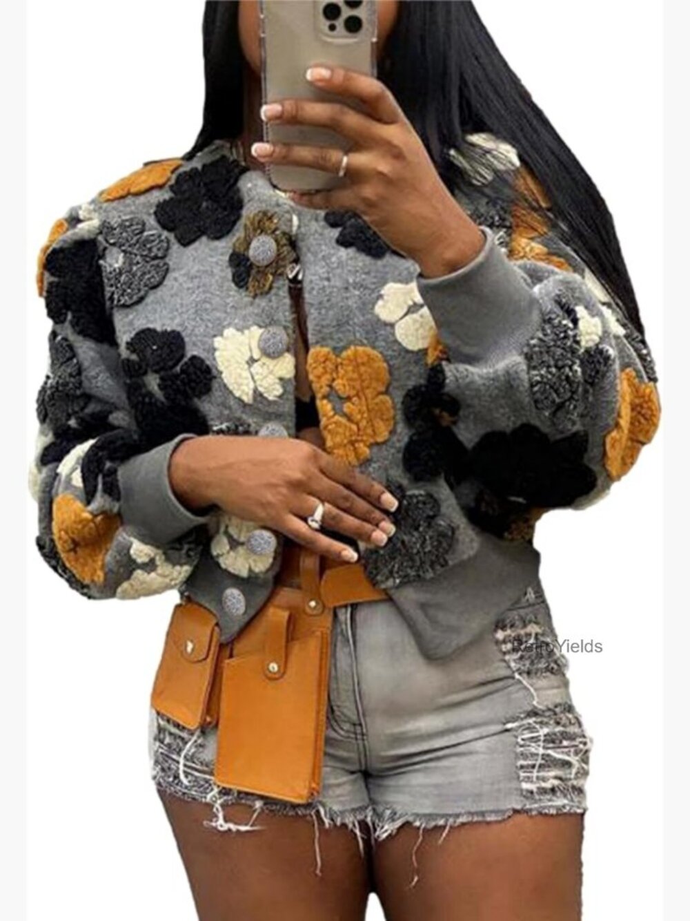 Cropped Floral Print Bomber Jacket Long Sleeve Button Front Shacket